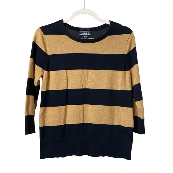 Lands’End black & tan brown striped 3/4 sleeve casual cotton shirt size MP - Picture 9 of 11